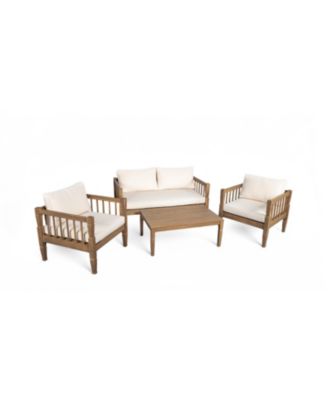 4 Piece Light Brown Patio Conversation Set with Acacia Wood Frame Coffee Table Thick Cushions for Backyard Porch Balcony