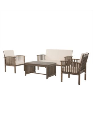 4 Piece Acacia Wood Outdoor Chat Set Water Resistant Cream Gray Cushions Heavy Duty Frame for Patio Garden Leisure