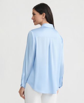 Women's Button-Front Long-Sleeve Collared Neck Blouse