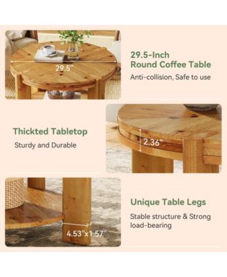 Round Solid Wood Coffee Table, 29.5" Farmhouse Circle Accent Center Tables, 2 Tiers Open-Style Storage Cocktail Tea Furniture