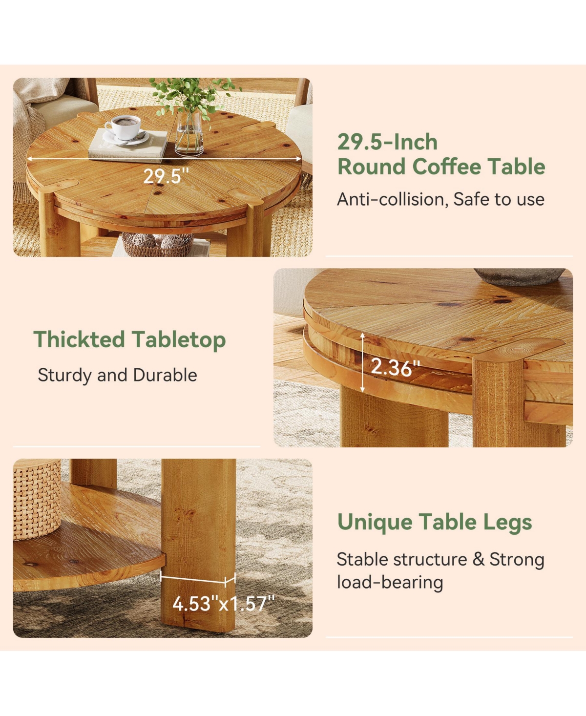 Tribesigns Round Solid Wood Coffee Table, 29.5" Farmhouse Circle Accent Center Tables, 2 Tiers Open-Style Storage Cocktail Tea Furniture