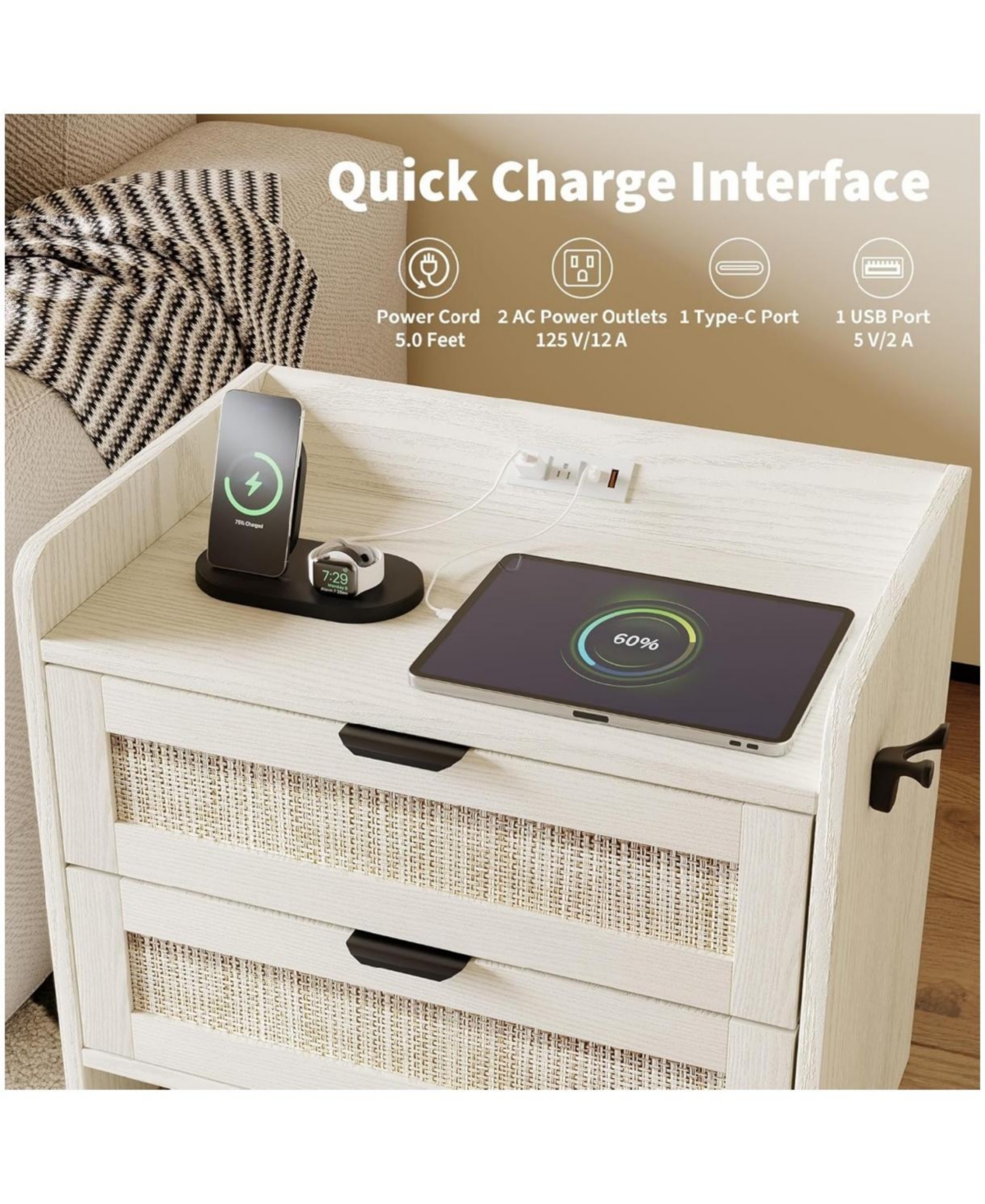 gaomon Set of 2 Rattan Nightstands, 2-Drawer Bedside Table with Type-c Charging Station