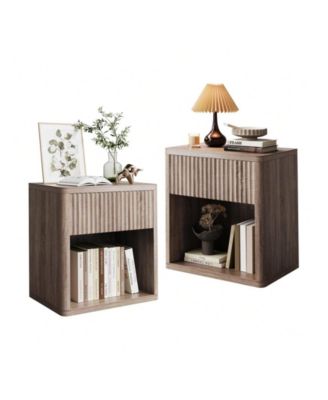 Set of 2 Mid Century Fluted Wood Nightstands, Modern Farmhouse Drawer Storage End Table for Bedroom