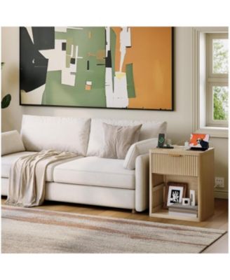 Set of 2 Natural Fluted Nightstands, Bedside Table with Charging Station Drawers & Open Storage