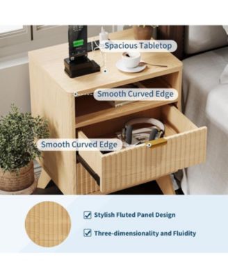 1PC Natural Oak Fluted Wood Nightstand, 2-Drawer Bedside Table with USB Charging Station & Outlets