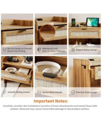 Set of 2 Walnut Brown Rattan Nightstands, 1-Drawer Bedside Table with Type-C Charging Station & Open Storage