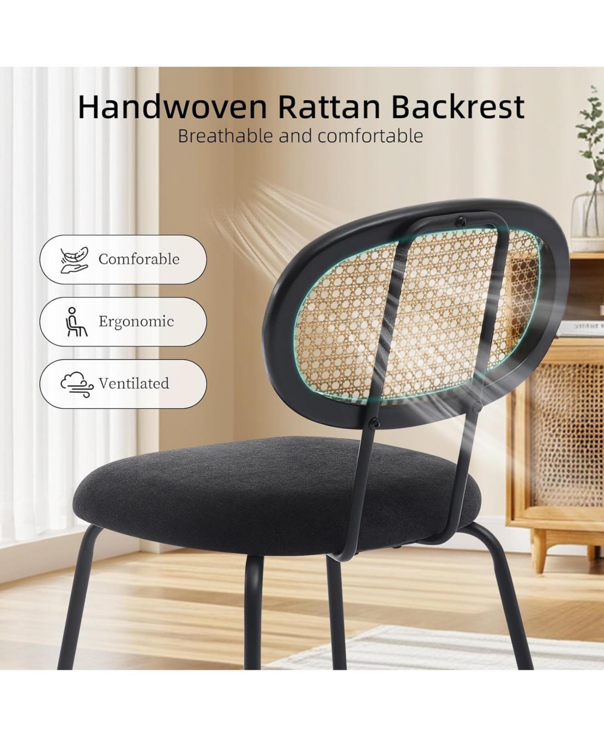 gaomon Mid Century Rattan Dining Chairs Set, Modern Velvet Upholstered Kitchen Chairs with Sturdy Metal Legs