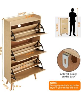 Shoe Cabinet with 3 Flip Drawers, Narrow 3-Tier Storage Organizer with Woven Rattan Front, Space-Saving Entryway Shoe Bench for Hallway, Porch