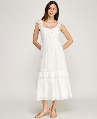 Juniors' Flutter-Sleeve Embroidered Midi Dress