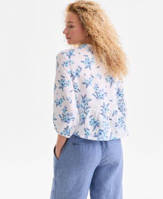 Women's 100% Linen Blouson-Sleeve Peplum Top