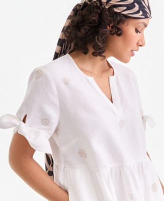 Women's 100% Linen Eyelet-Trim Tiered Mini Dress