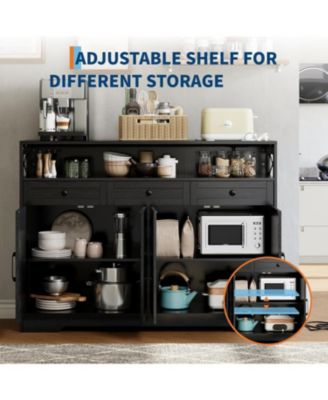 Farmhouse Black Sideboard Buffet Cabinet with Storage Shelf and Built-in Charging Station, 51-inch Large Coffee Bar Hutch