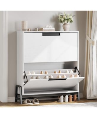 Shoe Storage Cabinet with 2 Flip Drawers, Freestanding Shoe Organizer with Metal Legs, Adjustable Shelf Narrow Shoe Rack