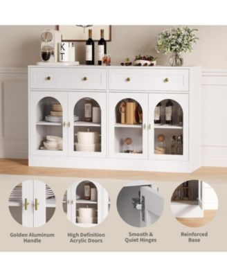 55-Inch Wide Farmhouse Sideboard Buffet Cabinet with 4 Acrylic Doors and 2 Drawers, Wooden Console Table for Kitchen or Living Room