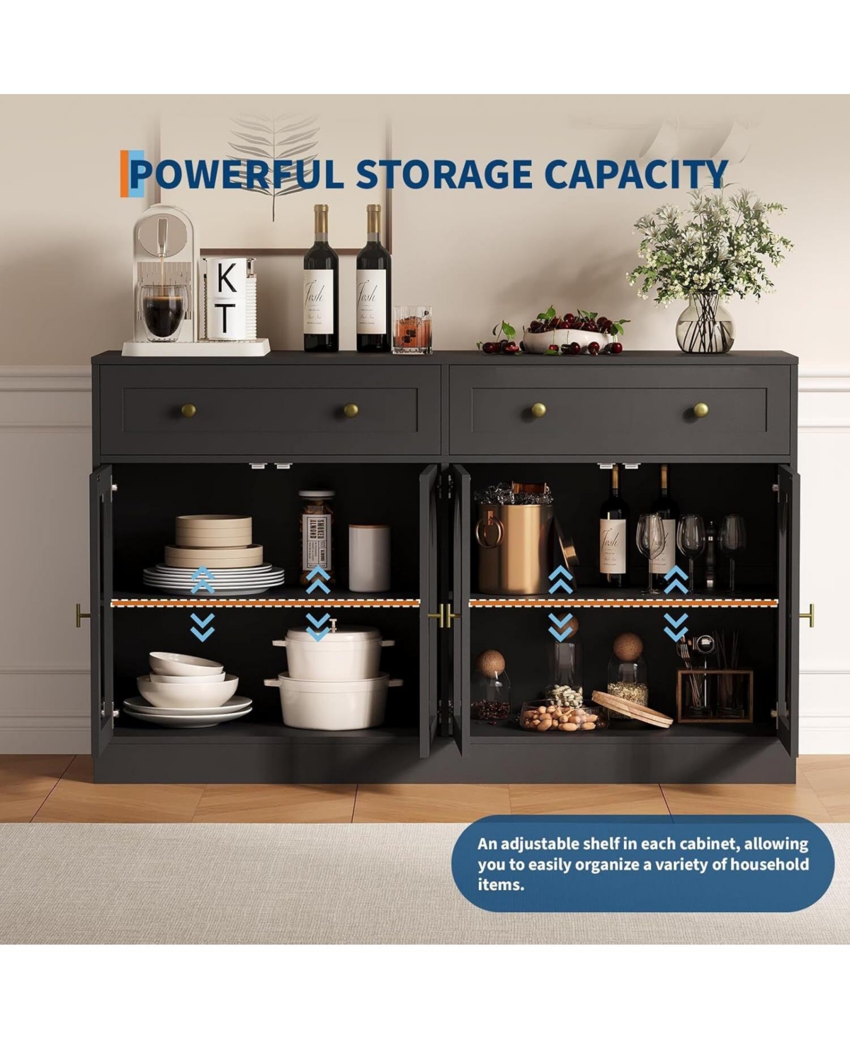 gaomon 55-Inch Wide Farmhouse Sideboard Buffet Cabinet with 4 Acrylic Doors and 2 Drawers, Wooden Console Table for Kitchen or Living Room