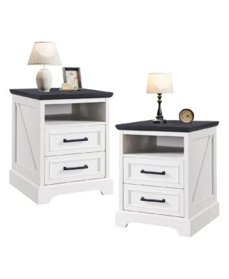 Set of 2 18 Inch White Farmhouse Nightstands, 2-Drawer End Table with USB Charging Station