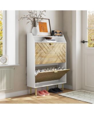 Wood Color Shoe Cabinet, Slim 2-Drawer Shoe Storage Organizer, Adjustable Hidden Entryway Rack, Freestanding Space Shoe Shelf