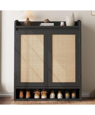 Shoe Cabinet with 2 Rattan Doors, Adjustable Shelves, 5-Tier Wooden Shoe Storage Organizer