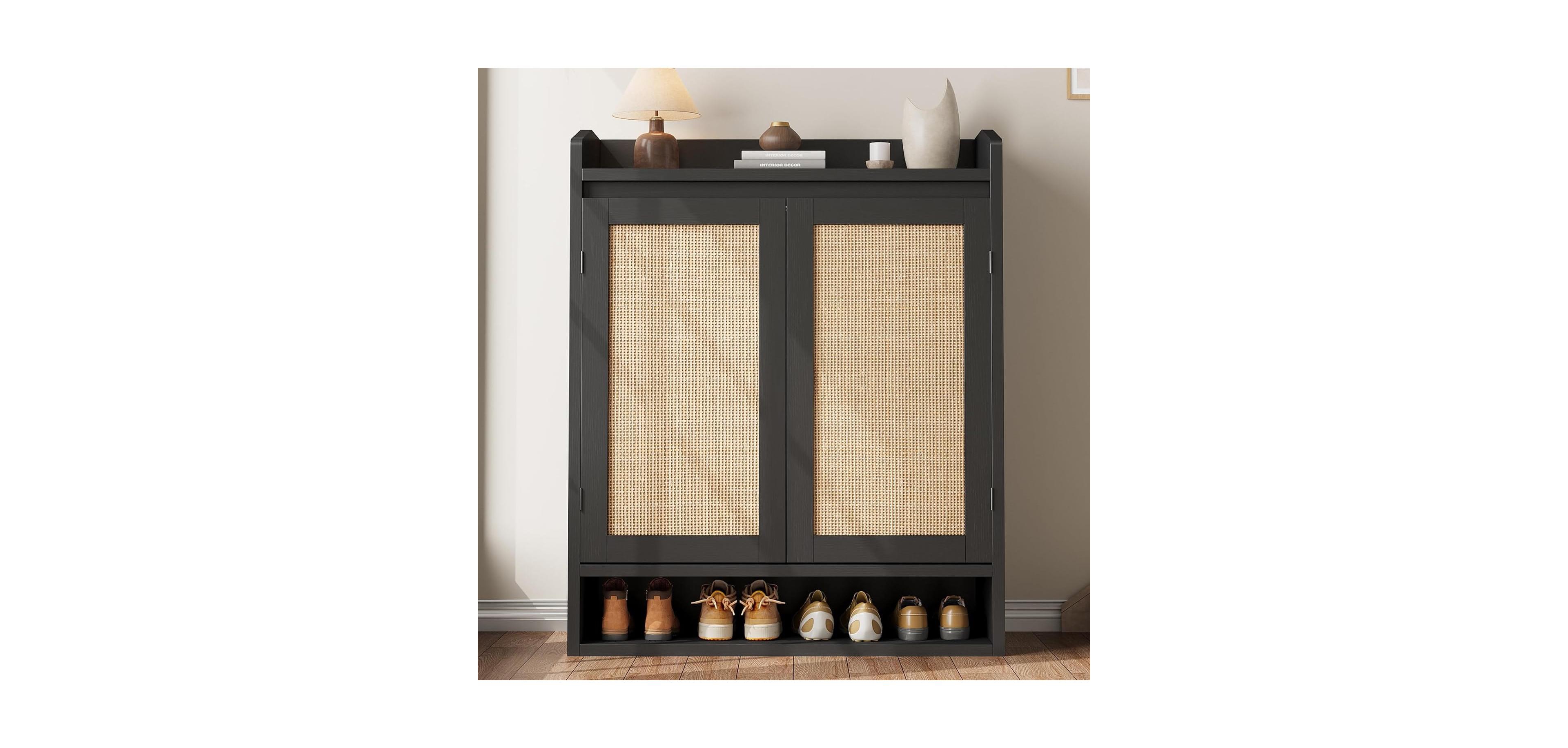 gaomon Shoe Cabinet with 2 Rattan Doors, Adjustable Shelves, 5-Tier Wooden Storage Organizer