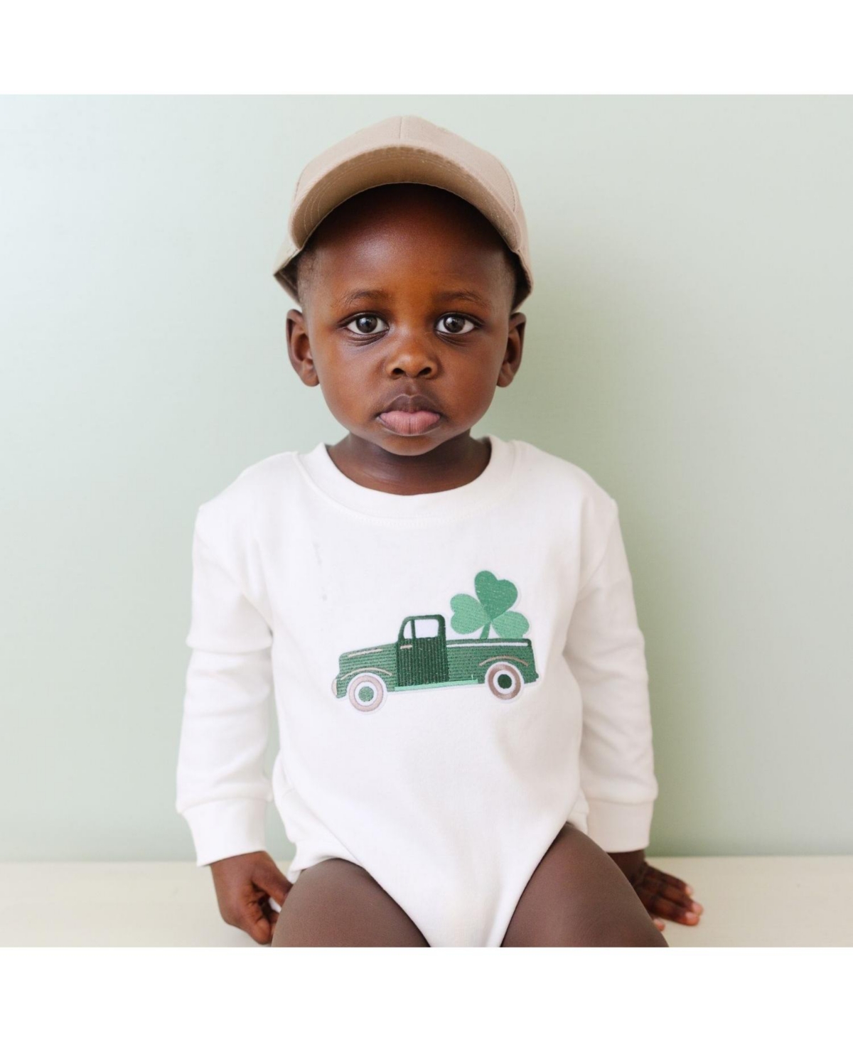 Draft - Sweet Wink Baby Boys Shamrock Truck Patch St. Patrick's Day Long Sleeve Romper