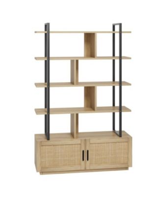 5-Tier Rattan Bookshelf with Cabinet, 71.1 Inch Tall Bookcase with Open Display Shelves