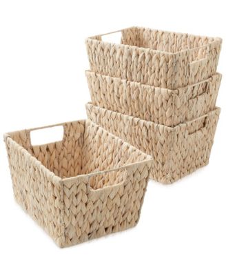 Set of 4 Whitewash Water Hyacinth Baskets with Handles, 12x9x6 Storage Bins for Shelves, Blankets & Laundry