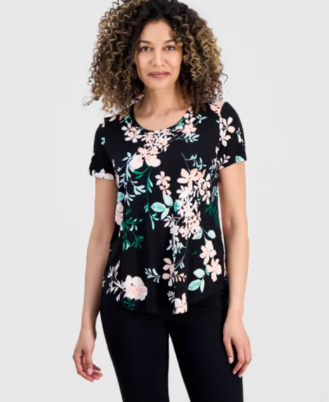 Petite Reve Garden Short-Sleeve Top - Deep Black Combo