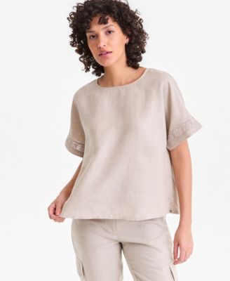 Women's 100% Linen Eyelet-Trim Short-Sleeve Top