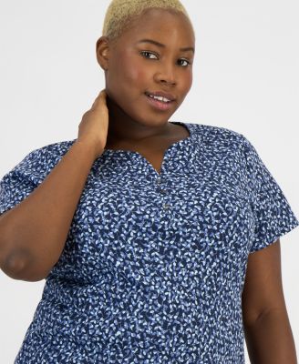 Plus Size Printed Short-Sleeve Henley Top