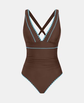 Women's V-Neck Ruched Crisscross Back One-Piece Swimsuit
