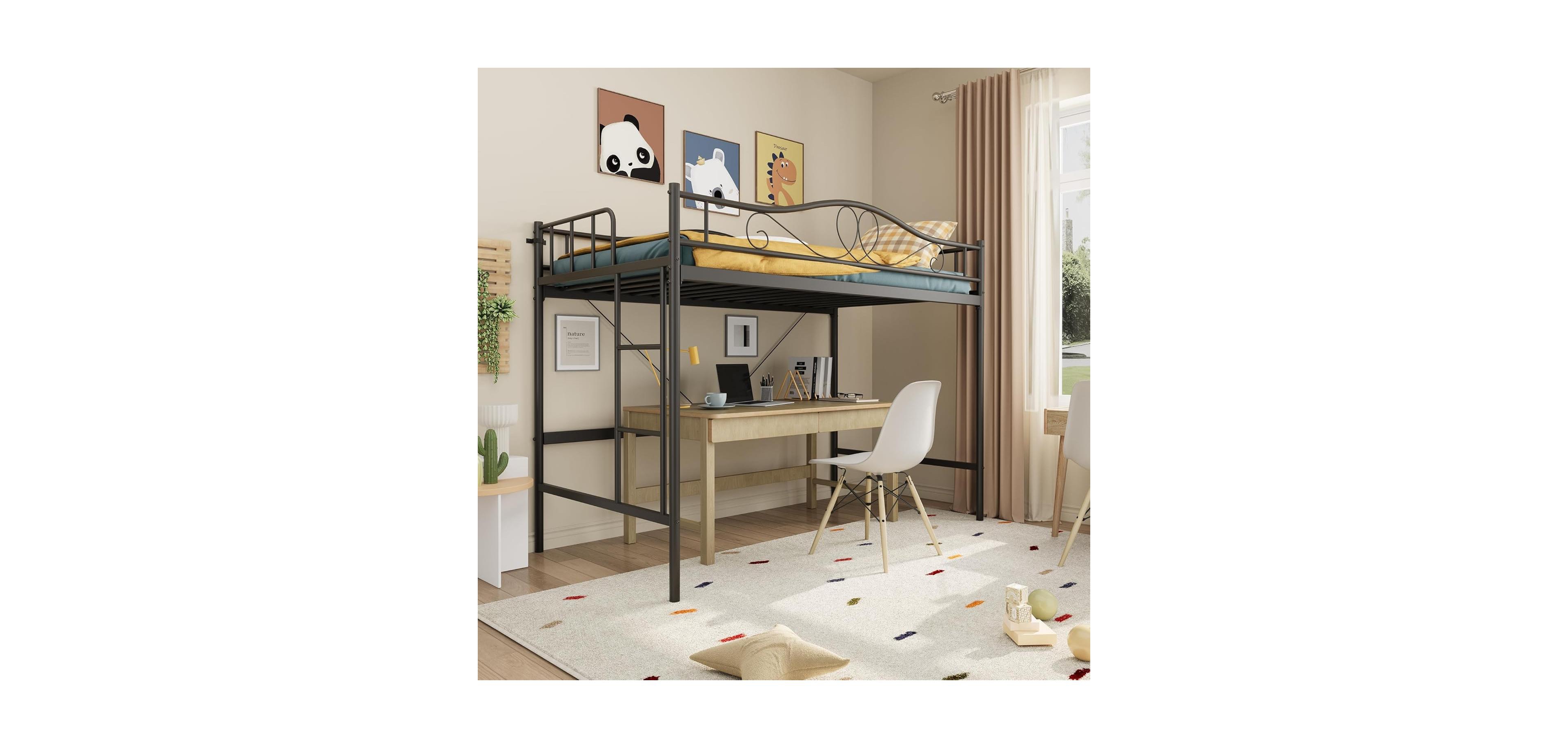 gaomon Twin Loft Bed with Adjustable Ladder & Safety Rail, Heavy-Duty Metal Frame, 400 lb Capacity, Space-Saving, Noise-Free, Black