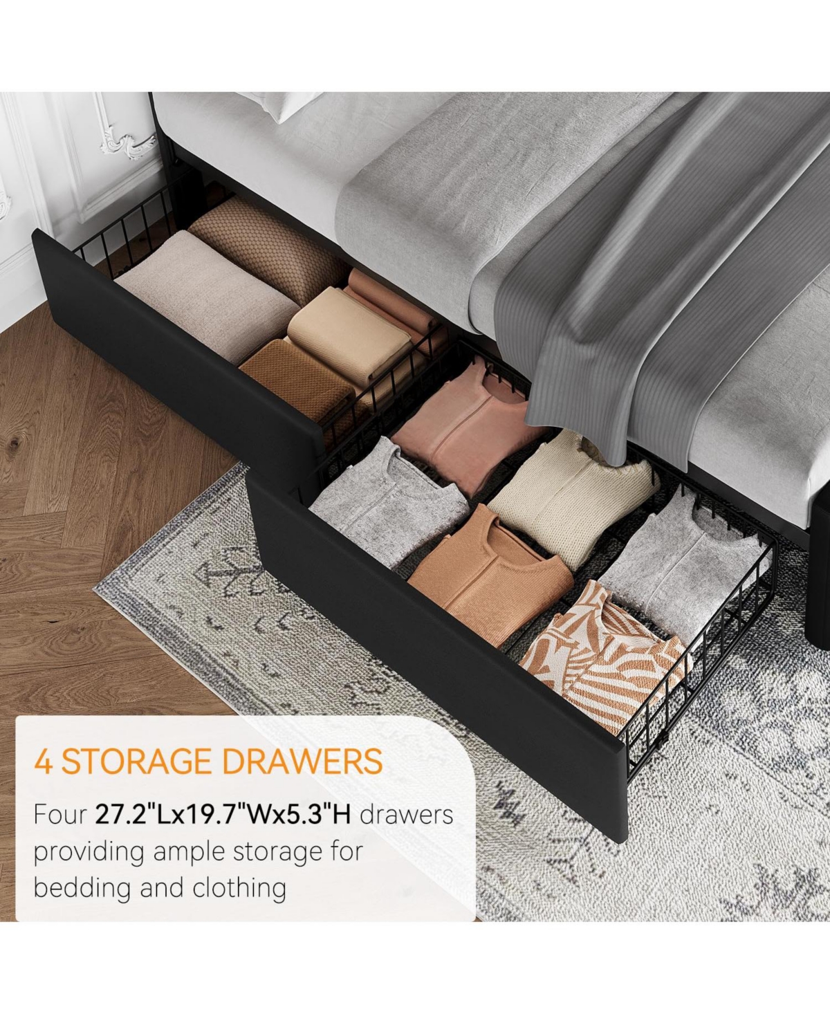 gaomon Bed Frame with Headboard and 4 Storage Drawers, Square Stitched Button Tufted Platform