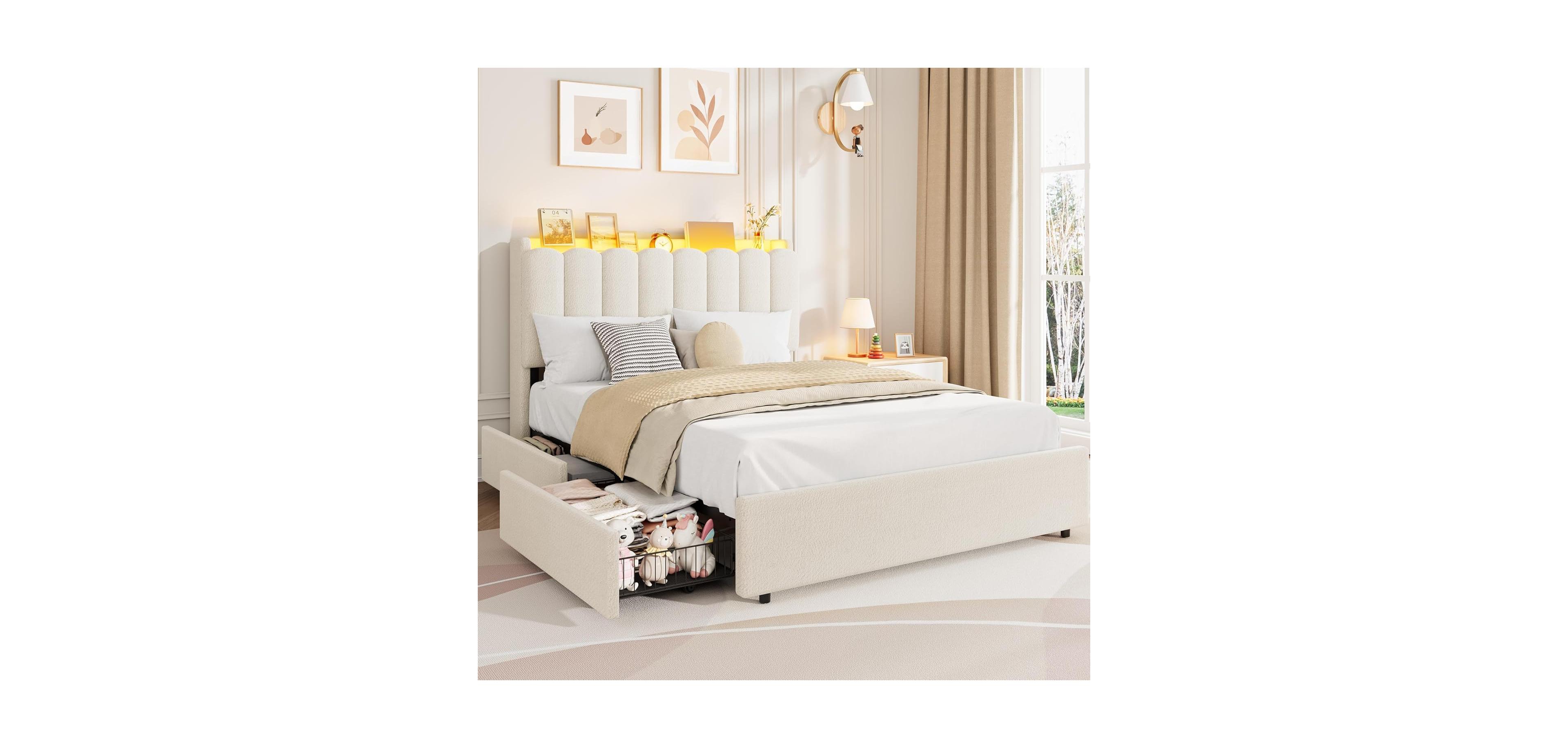 Gaomon Full Size Boucle Upholstered Platform Bed with Wavy Headboard, Storage Bookcase, 2 Drawers, No Box Spring Needed
