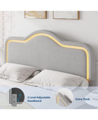 Queen Velvet Bed Frame with LED Headboard & Footboard, Princess Platform, Slat Support, Gray
