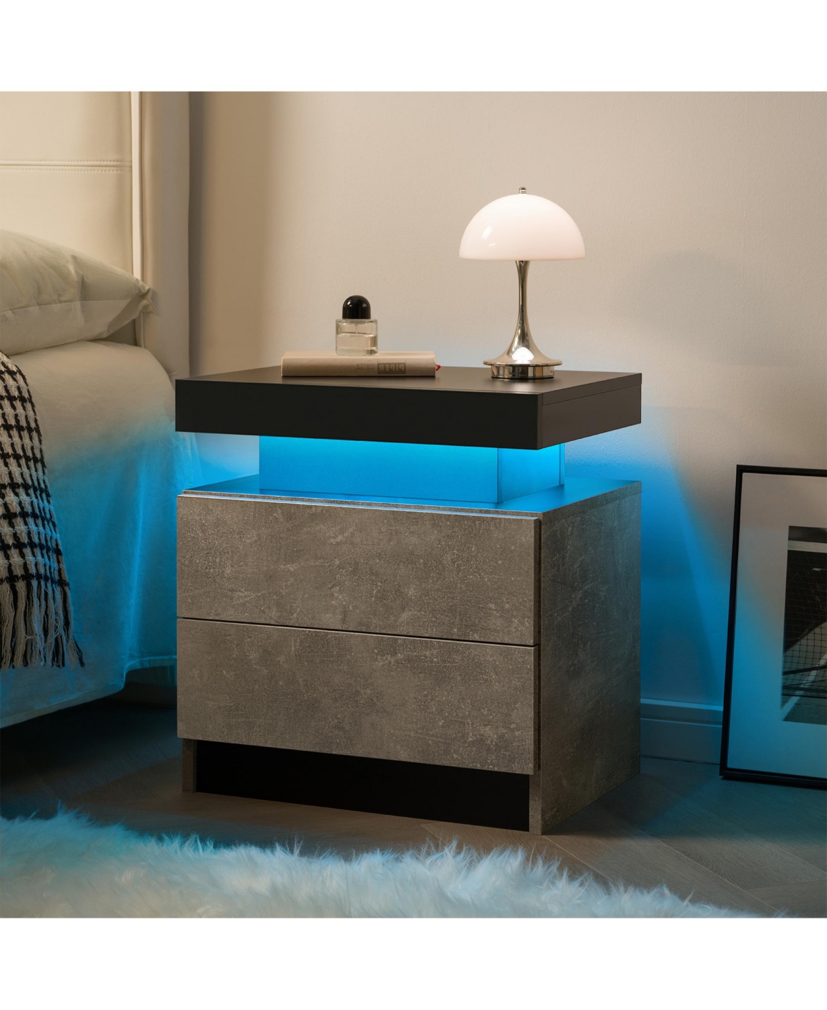 Rainsken Led Nightstand with 2 Drawers, Bedside Table Cabinet with Adjustable Color Lighting, Modern End Side Table for Bedroom