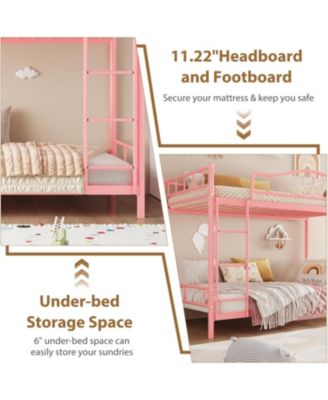 Twin Over Twin Bunk Bed with Ladder & Full Guardrails, Heavy-Duty Metal Frame, 400 lb Capacity, Space-Saving, Noise-Free, Pink