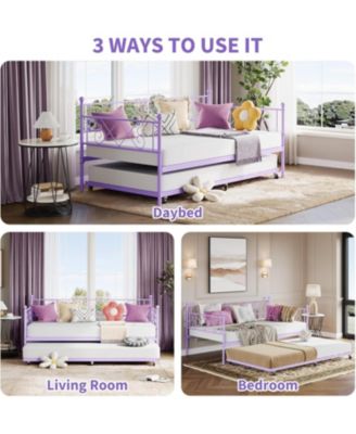 Kids Twin Daybed with Trundle, Purple, Heart Metal Headboard, Steel Slats, Easy Assembly
