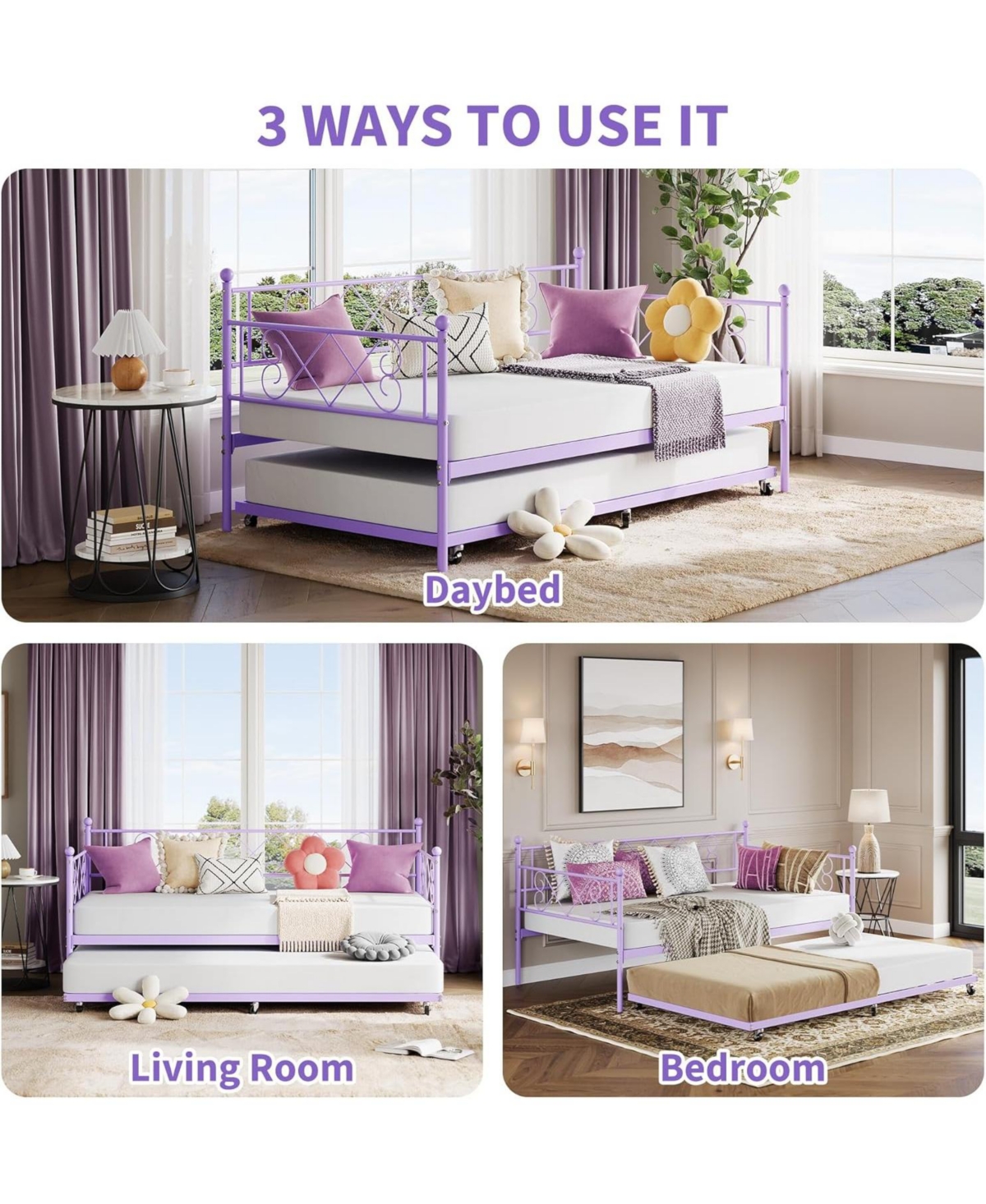 gaomon Kids Twin Daybed with Trundle, Purple, Heart Metal Headboard, Steel Slats, Easy Assembly
