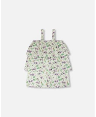 Baby Girls Jersey Romper with Tiers Green Printed Flowers