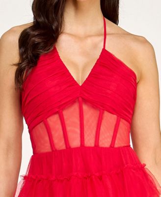 Juniors' Corset Halter Ruffle Tier Skirt Gown