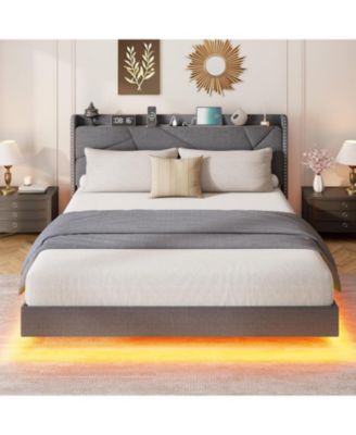 Queen Floating Platform Bed with LED Lights, USB Charging, Upholstered Frame, Folding Shelves, Metal Slats, No Box Spring, Grey