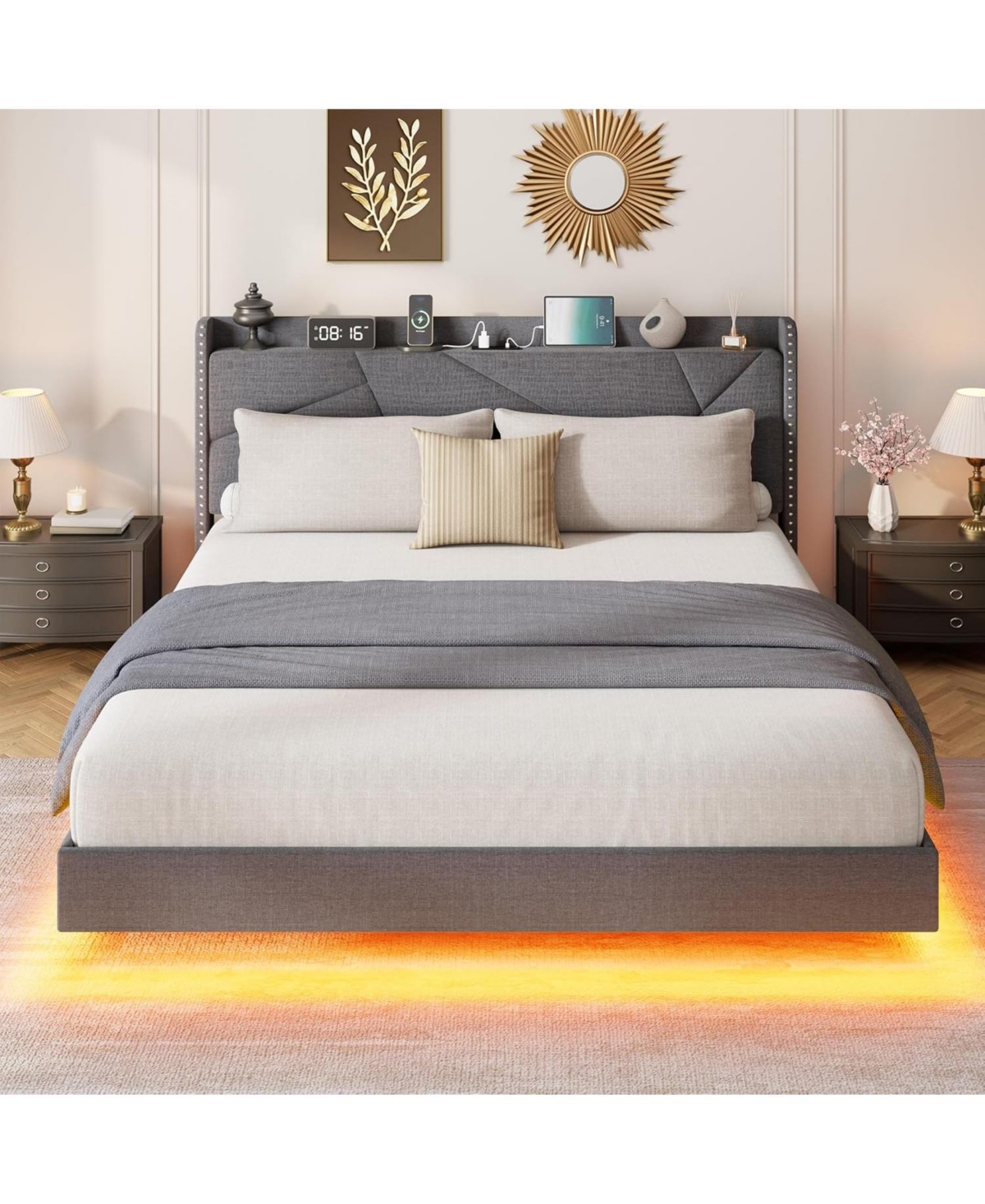 gaomon Queen Floating Platform Bed with Led Lights, Usb Charging, Upholstered Frame, Folding Shelves, Metal Slats, No Box Spring, Grey