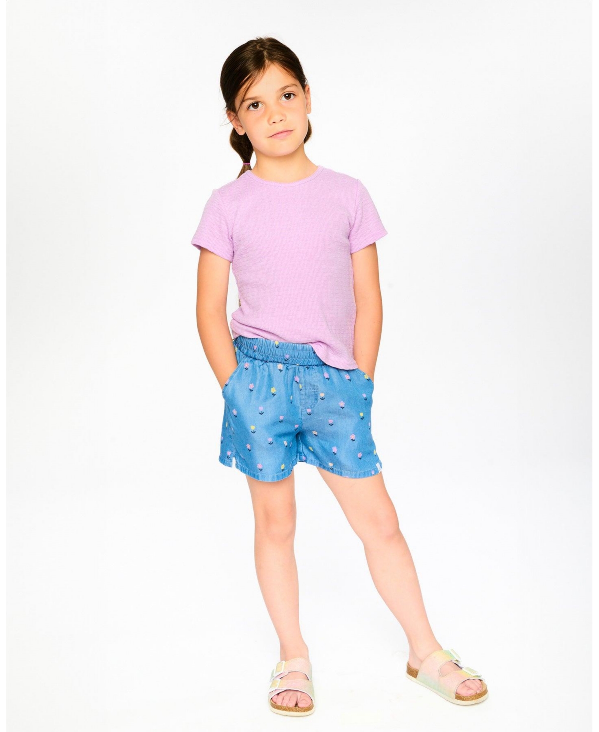 Deux par Baby Girls Chambray Shorts Blue Flower Print