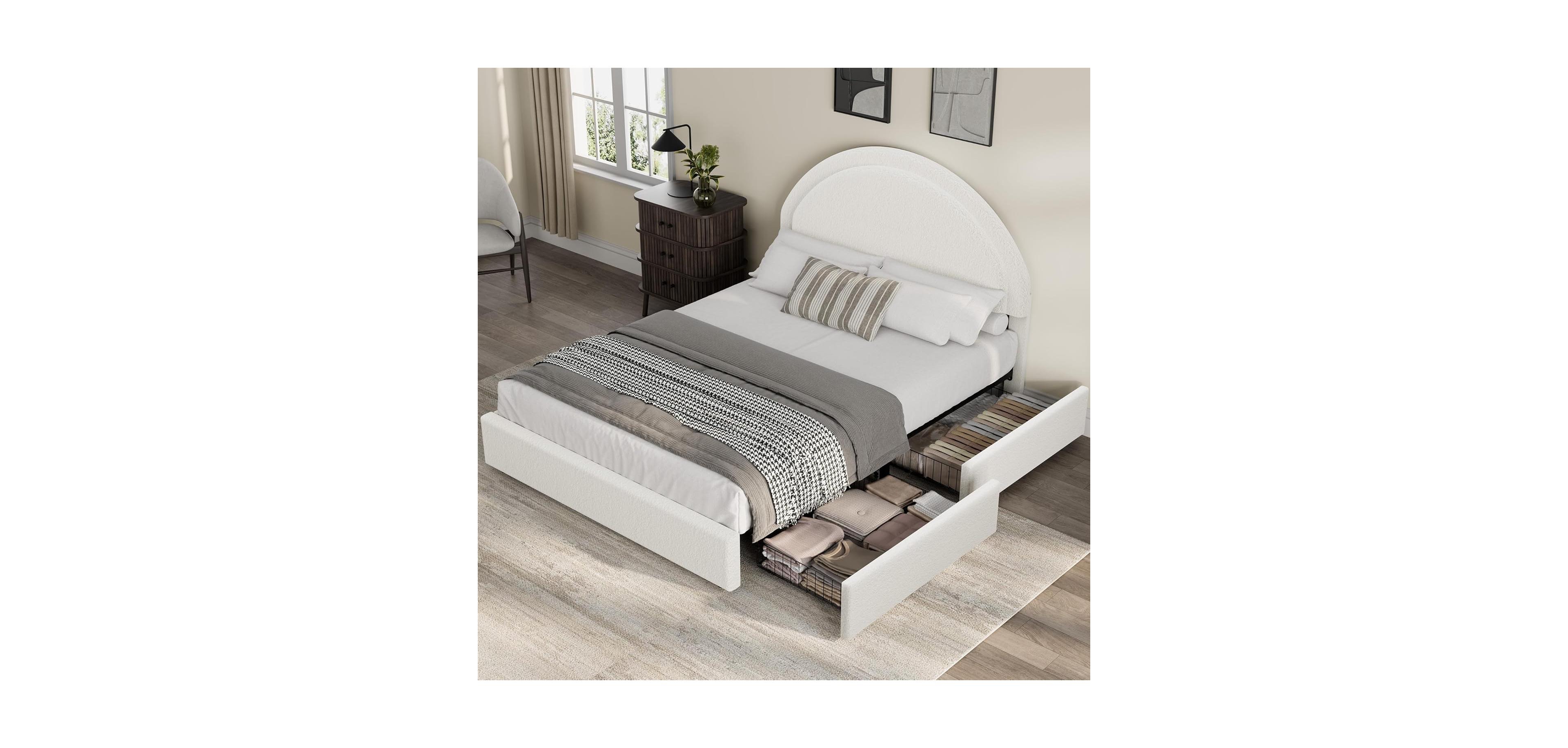 gaomon White twin upholstered boucle bed with storage drawers, round headboard, platform frame