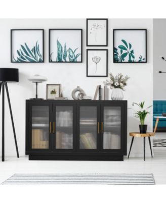 Buffet Cabinet with Storage, Large Sideboard Buffet Table with 4 Fluted Glass Doors & Adjustable Shelf,Modern Glass Sideboard for Living Room