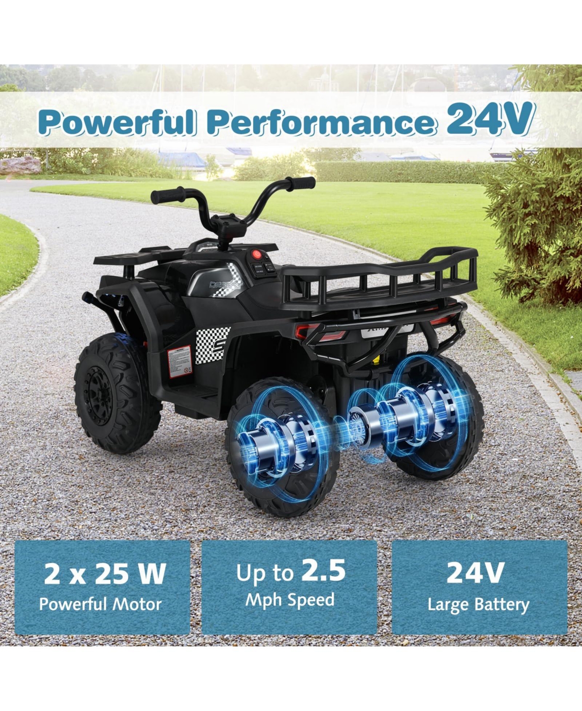Mecale 24V Kids Ride on Electric Atv Quad Car with Realistic Sounds and Led Lights-Black