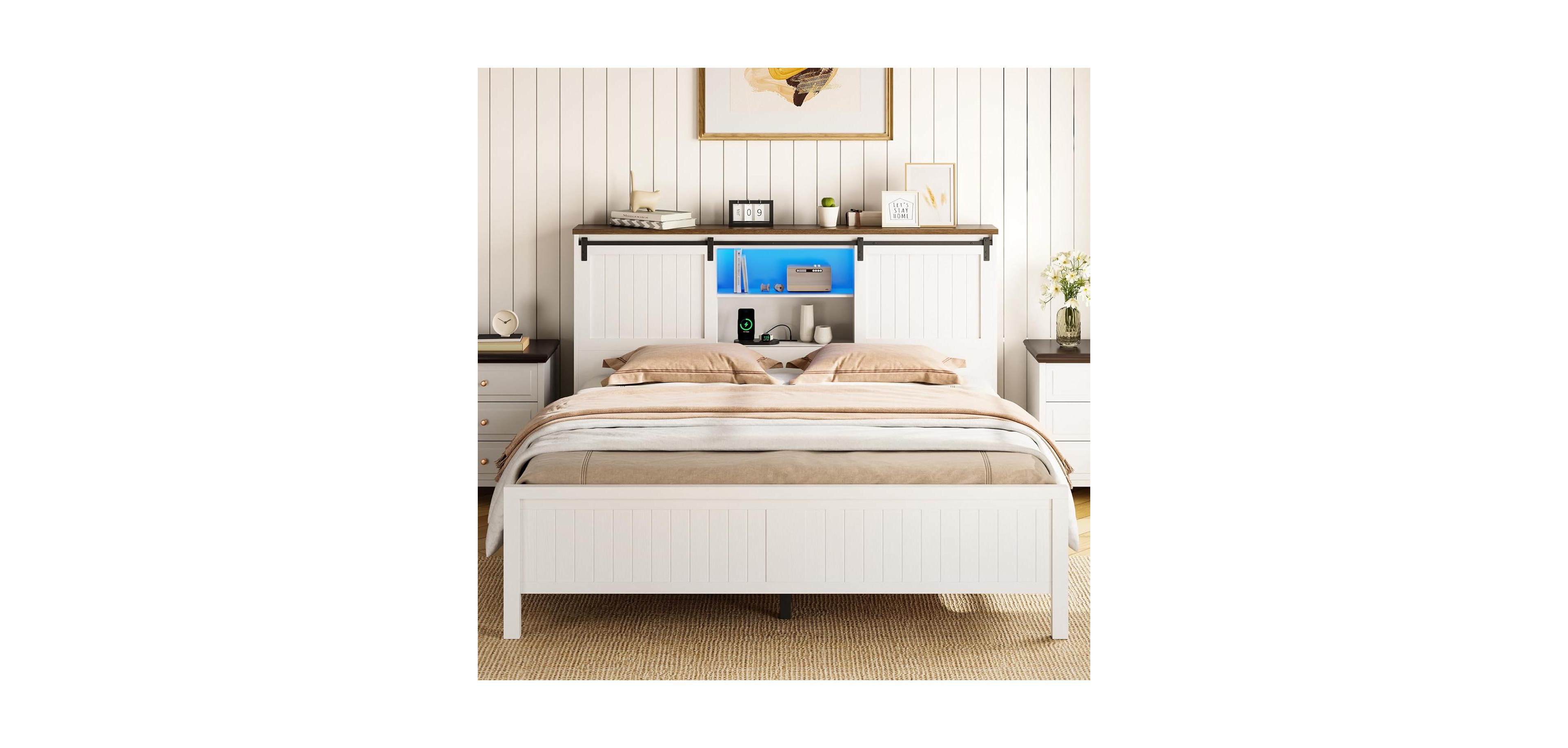 gaomon Farmhouse Bed Frame with Led Lights, Charging Station, Storage Bookcase Headboard, Sliding Barn Door - Full