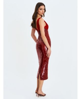 Women's Shanelle Crimson Sequin Plunging Midi Dress