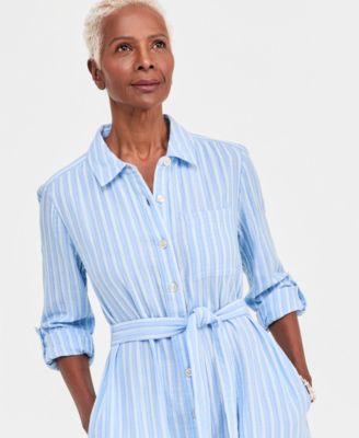 Petite Long-Sleeve Collared Woven Dress