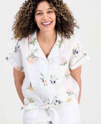 Petite Linen Darling Floral Tie-Hem Camp Shirt